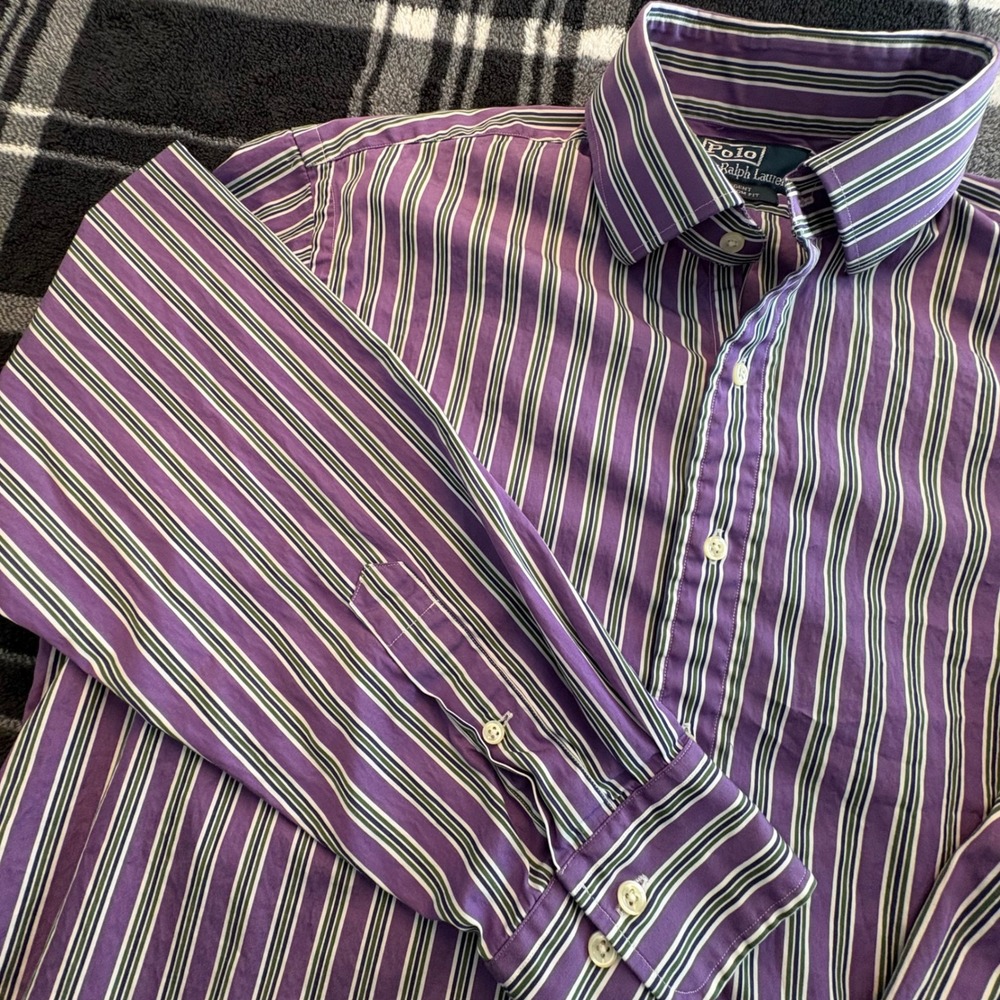 Polo Ralph Lauren Shirt Mens 17 32/33 Purple Green Striped Regent Custom Fit - Picture 2 of 9